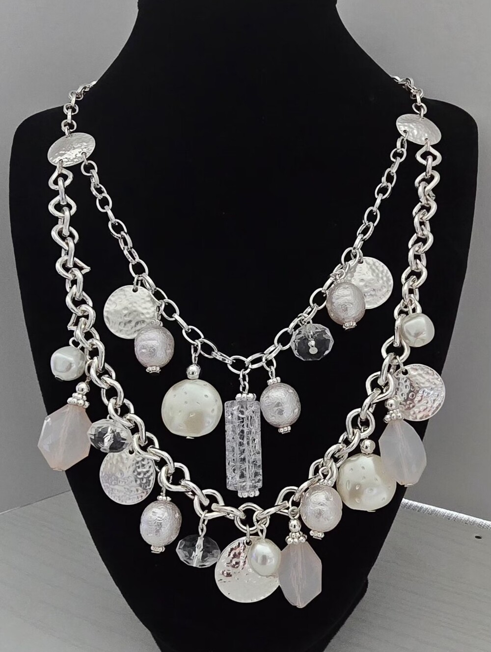 Chico's Silver-Tone Multi-Charm Necklace with Pearlescent & Clear Beads